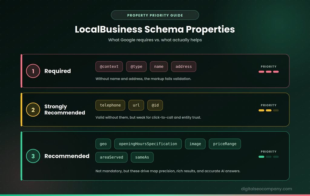 LocalBusiness schema properties grouped by priority: required, strongly recommended, and recommended
