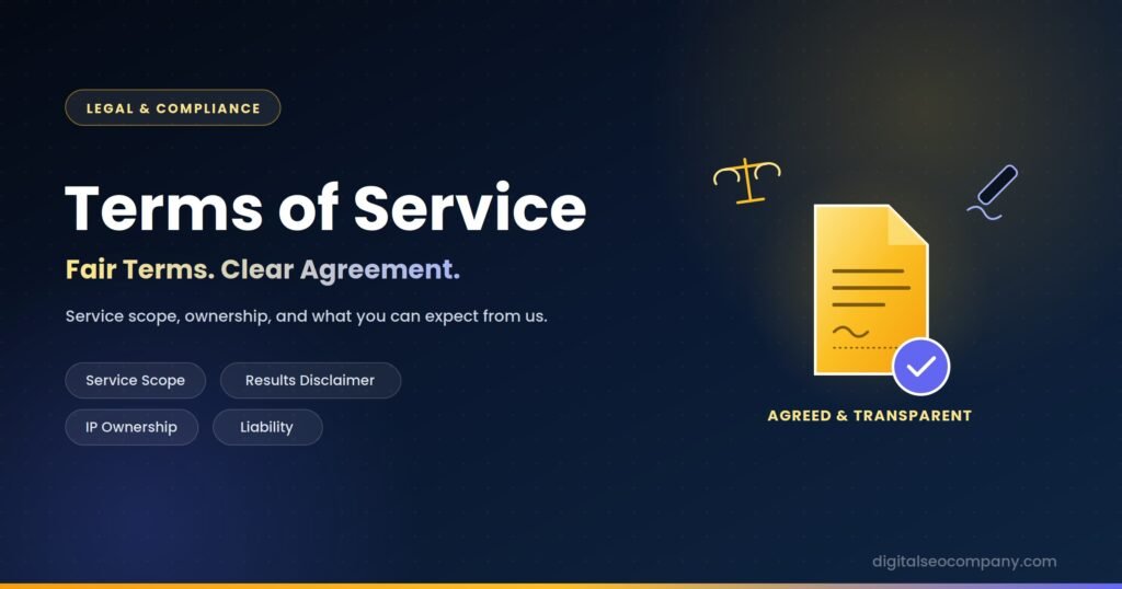 terms of service page featured image showing a contract document with an agreement seal, scales of justice, and a signature pen