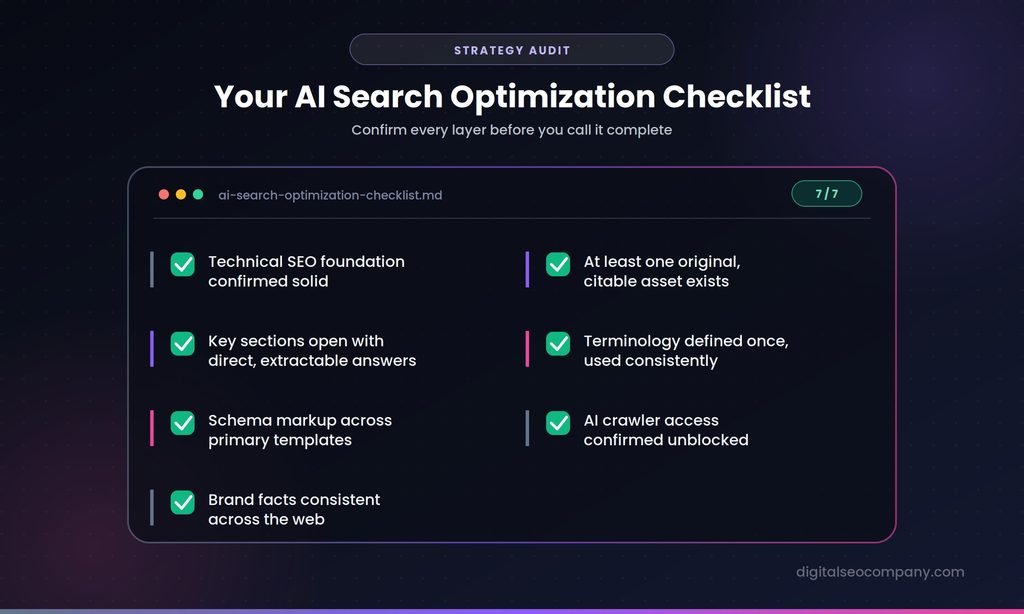 AI search optimization checklist covering technical SEO, extractable answers, schema, and crawler access